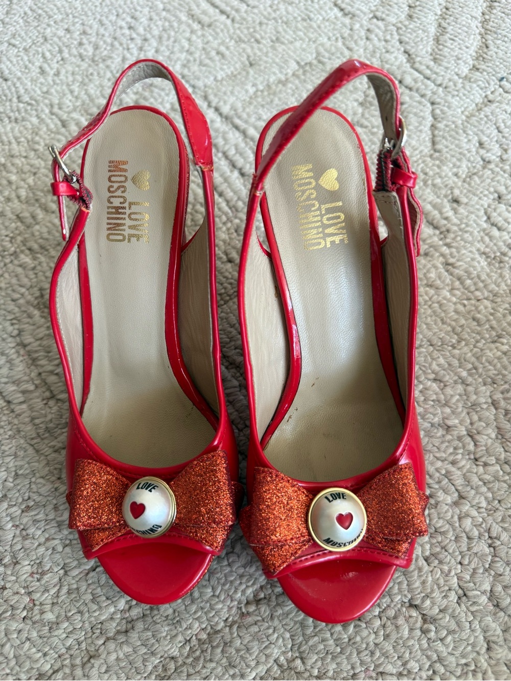 Love Moschino Red Patent & Glitter Wedge Sandals